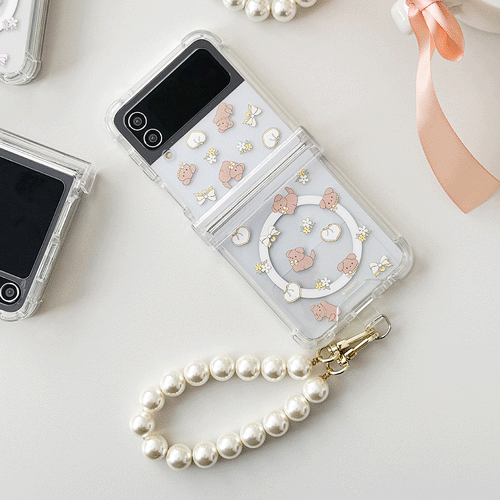 [TryCozy] 큐티 펫 핸드 진주스트랩 갤럭시Z플립시리즈 힌지보호 맥세이프 투명범퍼케이스