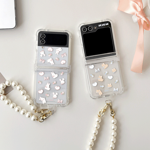 [TryCozy] 큐티 펫 핸드 진주스트랩 갤럭시Z플립시리즈 힌지보호 투명범퍼케이스