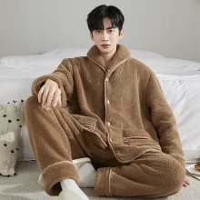 남성용 잠옷 가을, 겨울 플란넬 두꺼운 벨벳 따뜻한 산호 벨벳 스탠드 칼라 겨울 카디건 홈웨어 세트